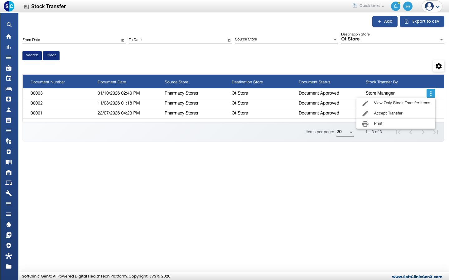 The Stock Transfer list filtered on the receiving store, with the row menu open on Accept Transfer