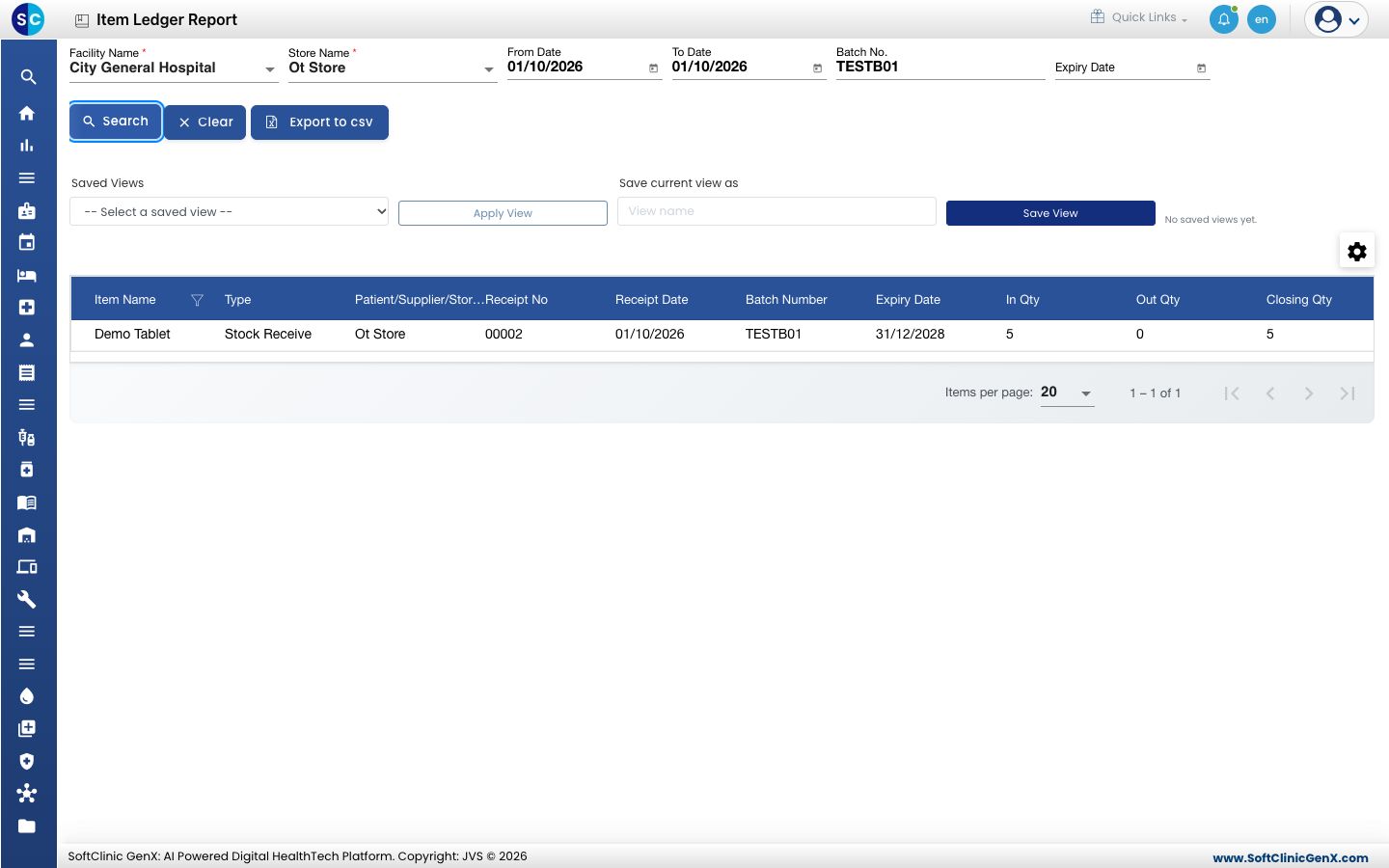 The Item Ledger Report of the receiving store with a Stock Receive line