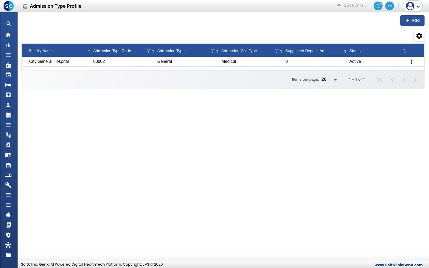The Admission Type Profile list with facility, code, admission type, visit type, suggested deposit and status