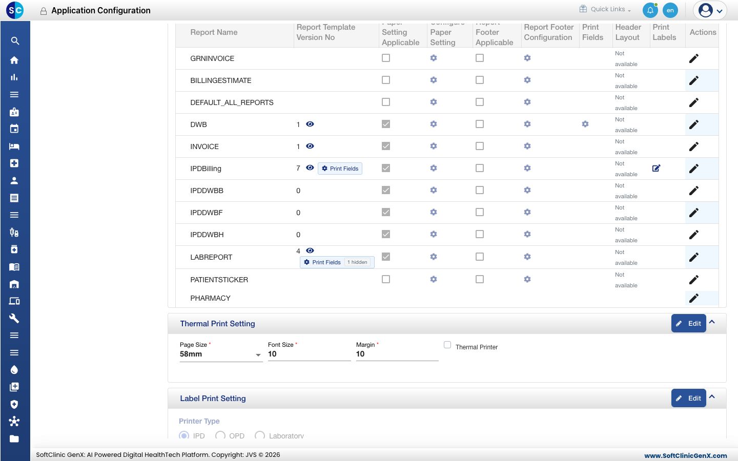 Secciones de Configuración de Informes y Configuración de Impresión Térmica