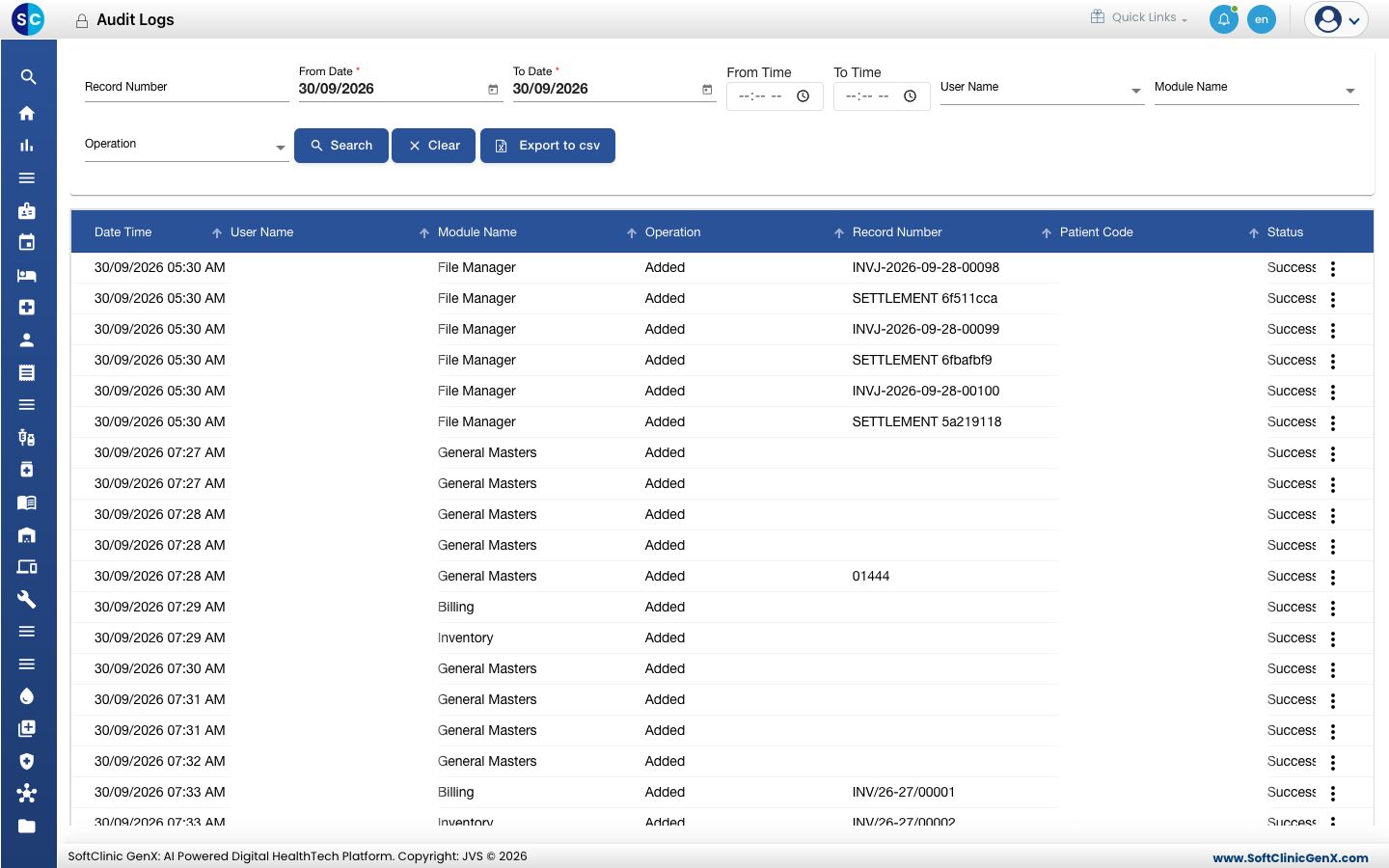 Audit Logs with the filters and results