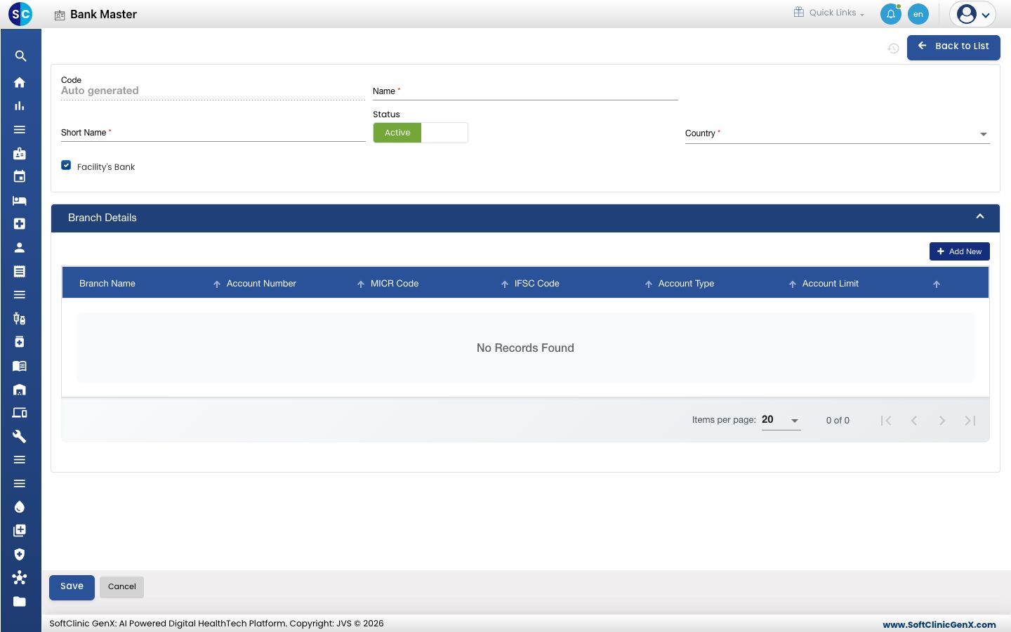The Branch Details section with the Add New button