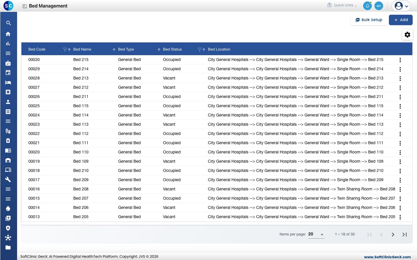 The Bed Management list with bed code, name, type, status and location