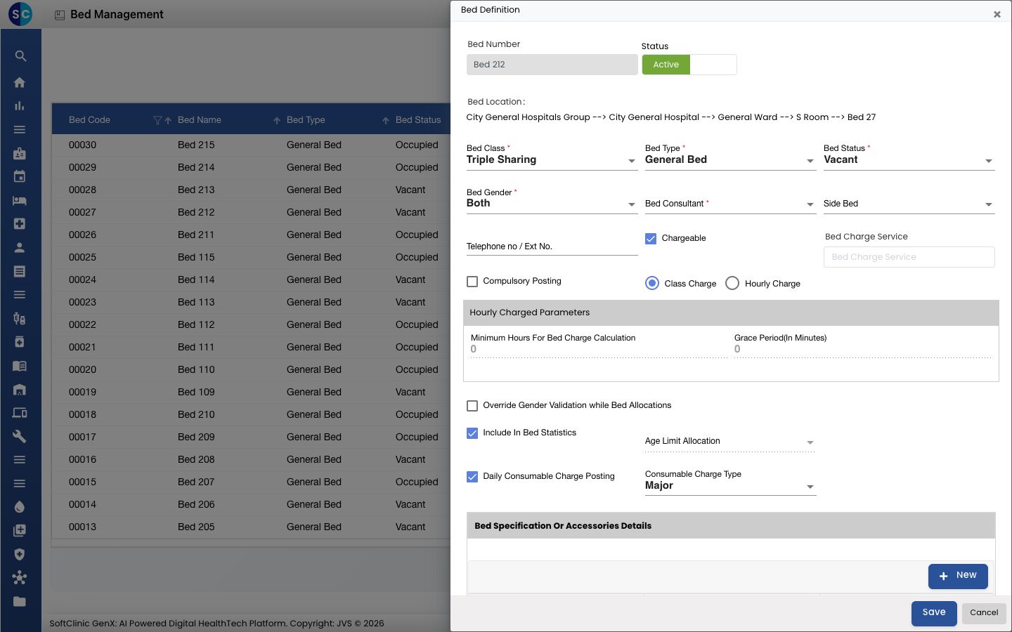 The Bed Definition form with class, type, status, gender and charge settings