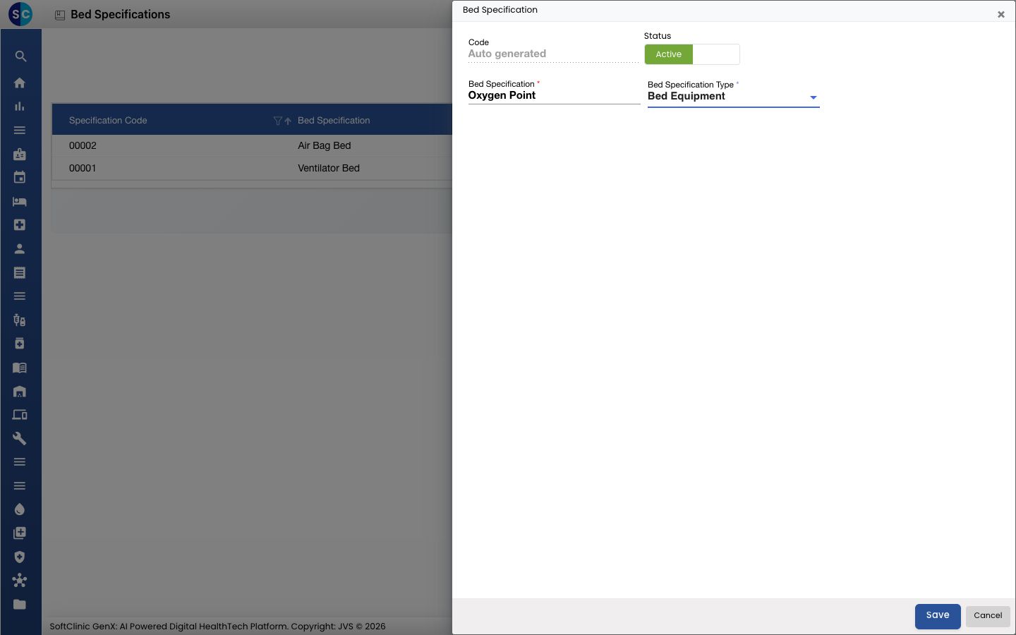 The Bed Specification form filled in for an Oxygen Point