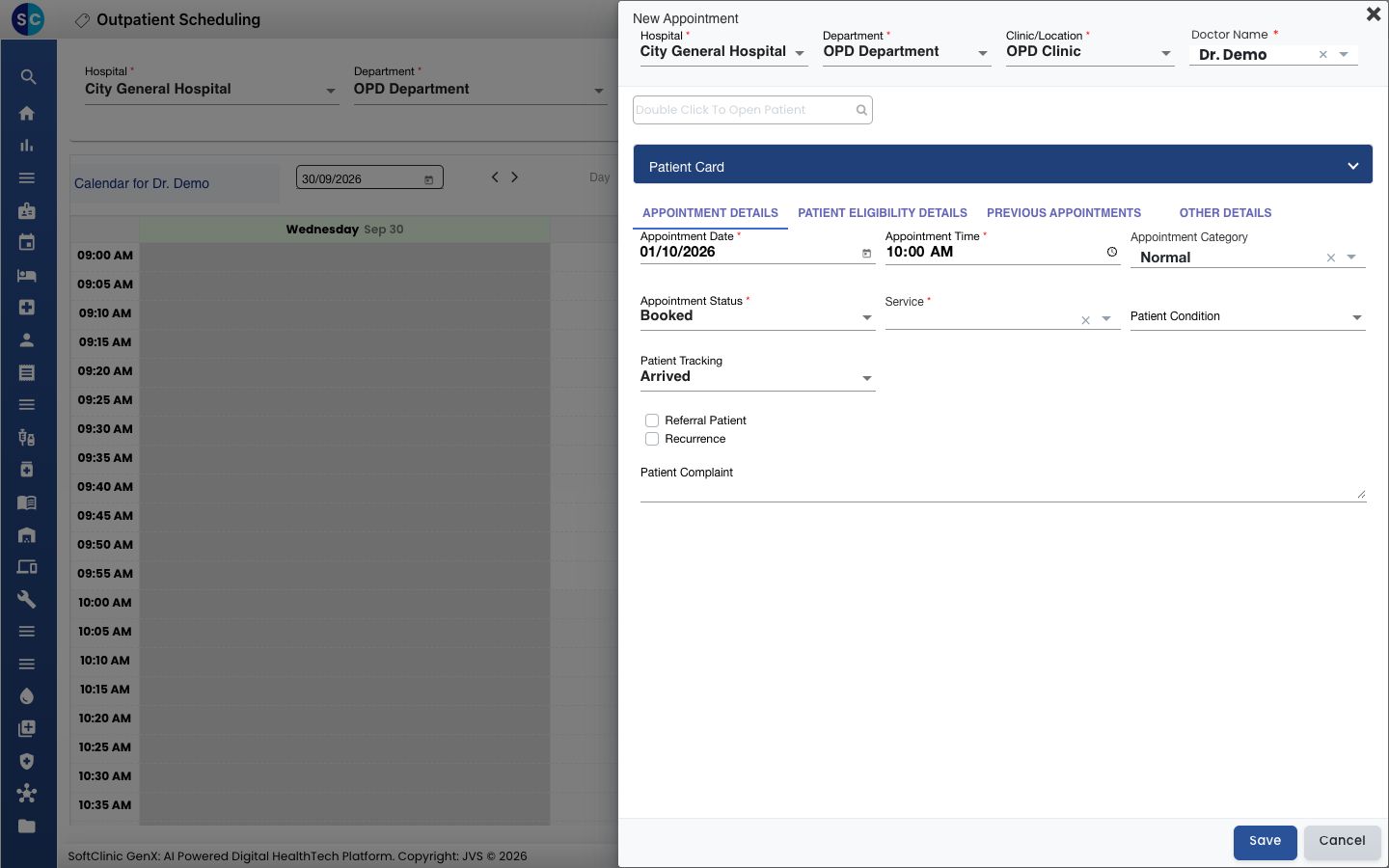 El formulario New Appointment abierto desde un horario libre