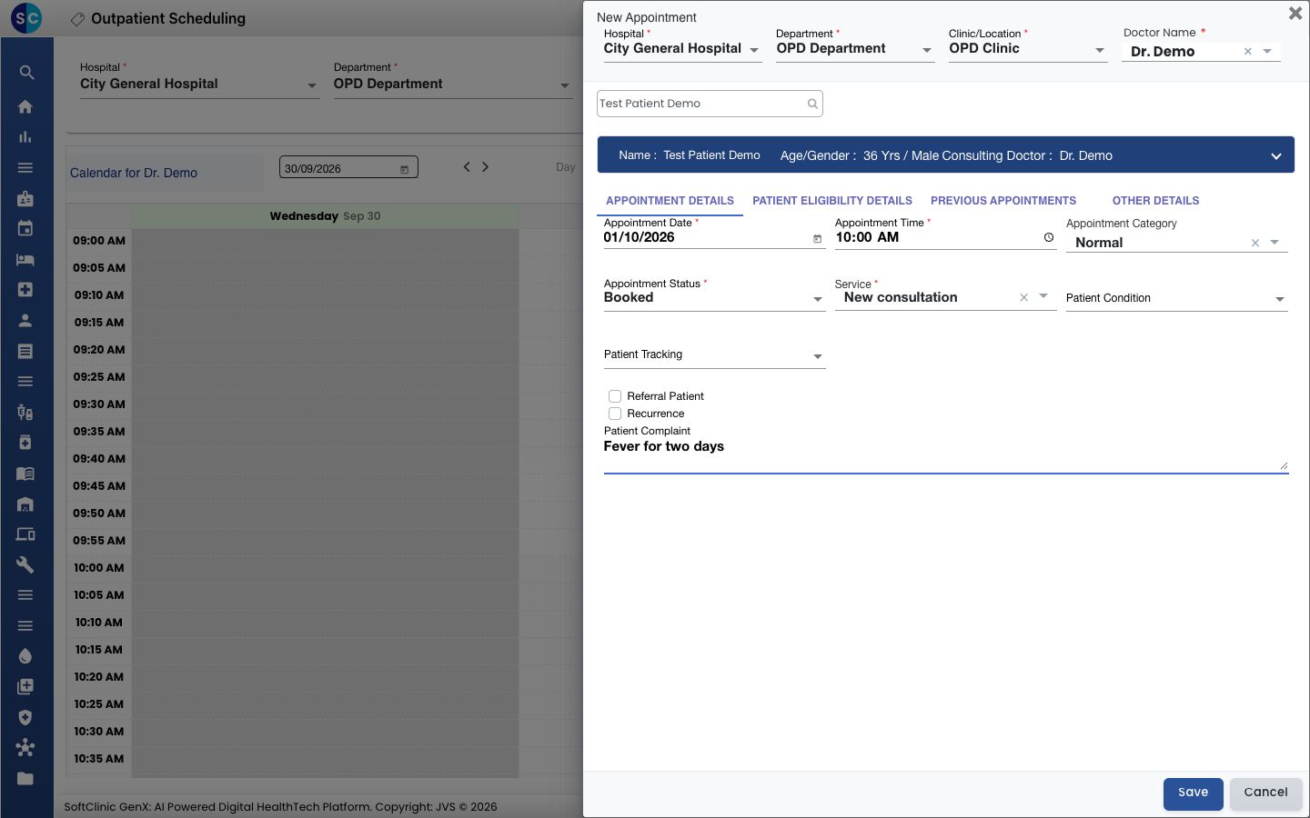 El formulario New Appointment completado para un paciente de prueba
