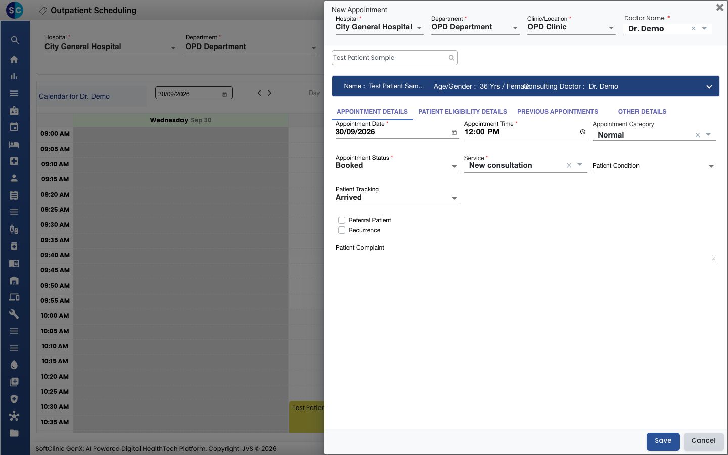 La réservation sans rendez-vous remplie, avec Patient Tracking réglé sur Arrived