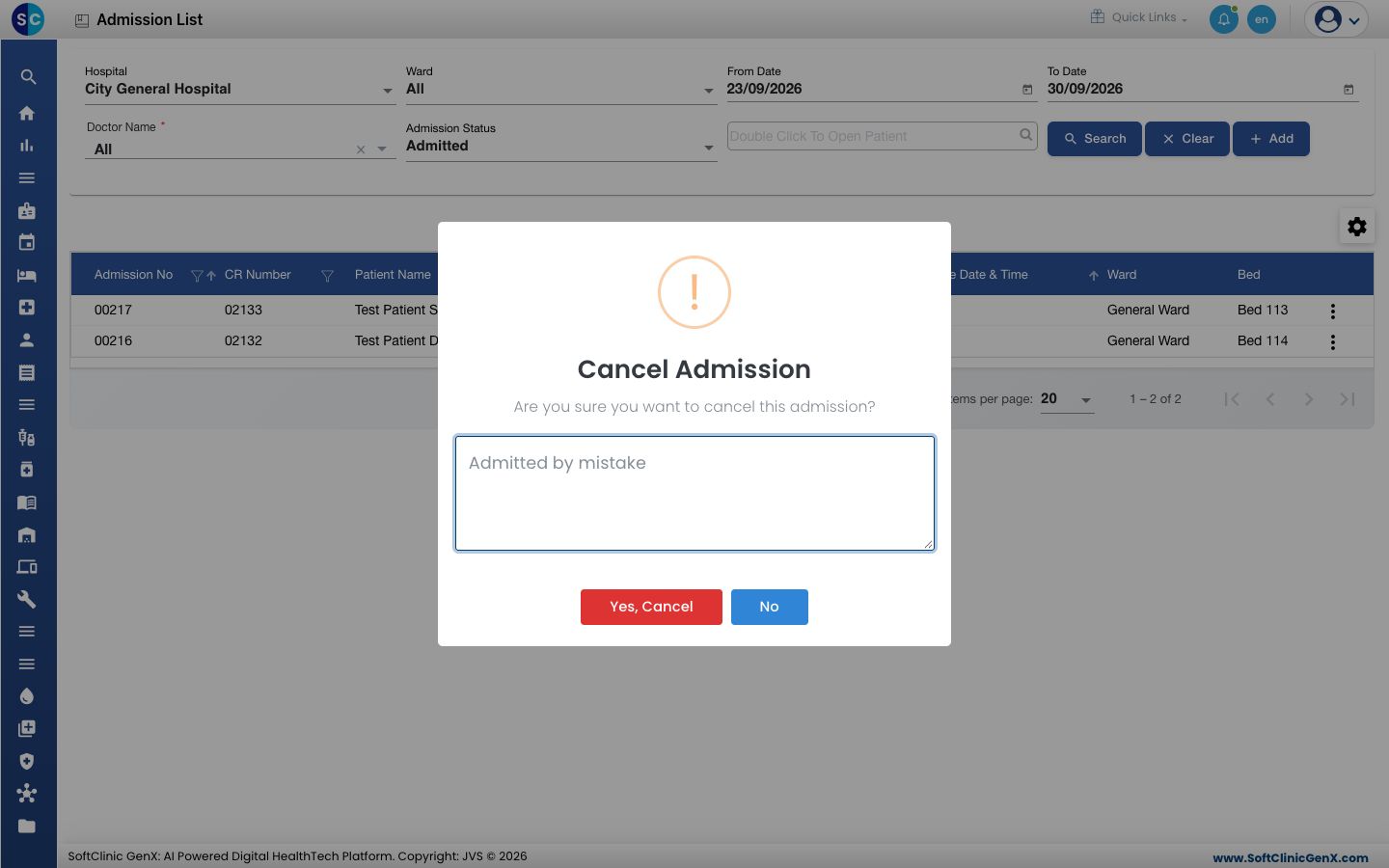 The Cancel Admission box with a reason