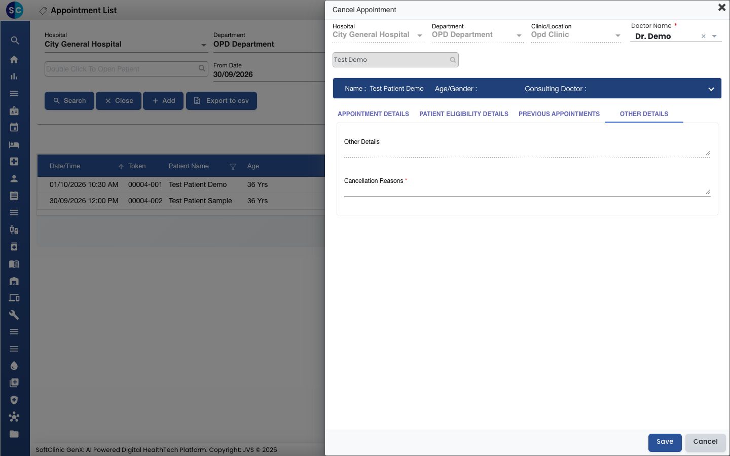 Cancellation Reasons ఫీల్డ్తో Cancel Appointment ఫారమ్