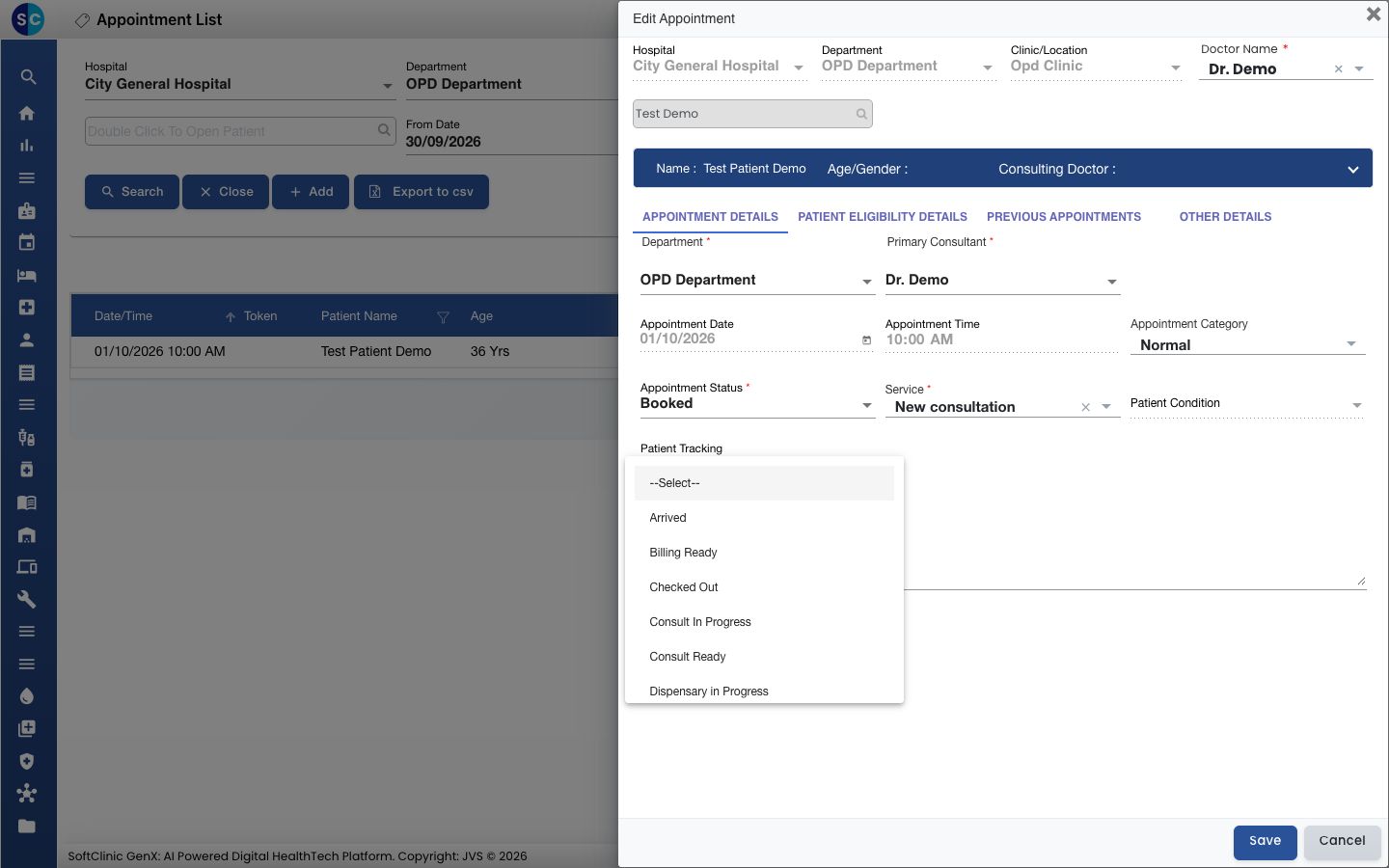 La lista Patient Tracking en el formulario Edit Appointment