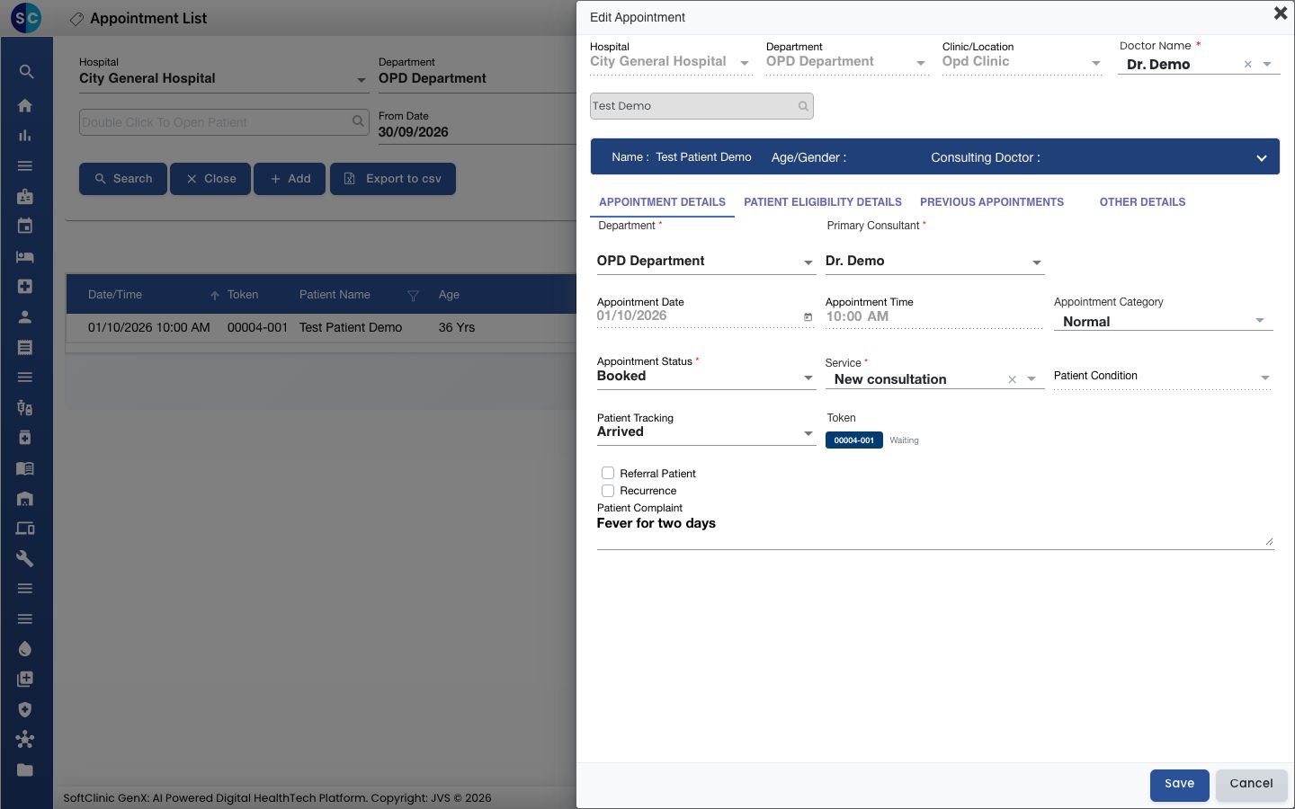 El formulario Edit Appointment mostrando el token y su estado Waiting