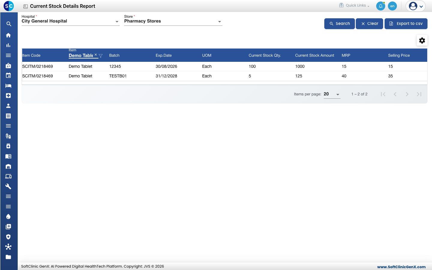 Current Stock Details Report filtered on one item, with a line per batch