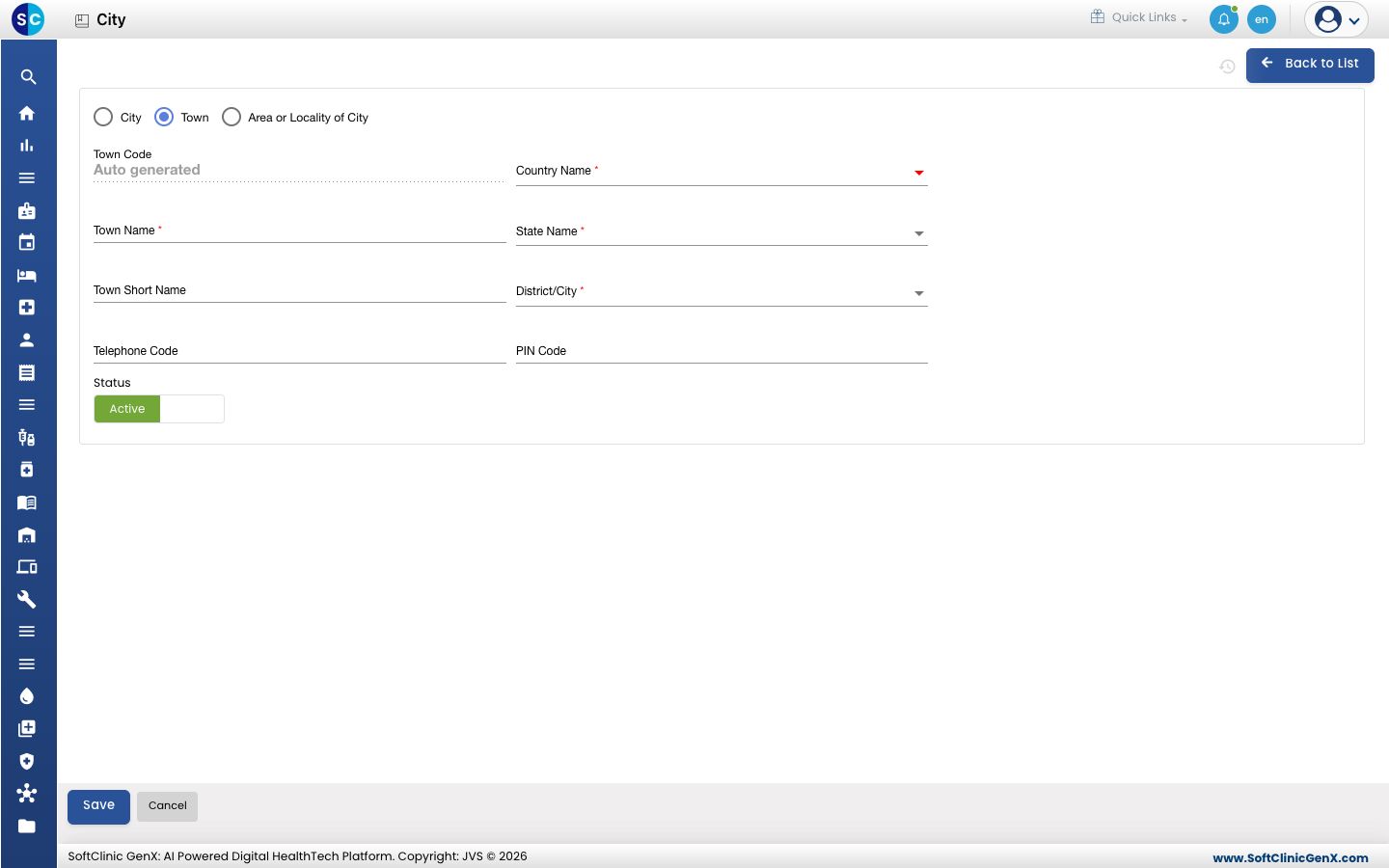 The form for a new town, with District/City and PIN Code