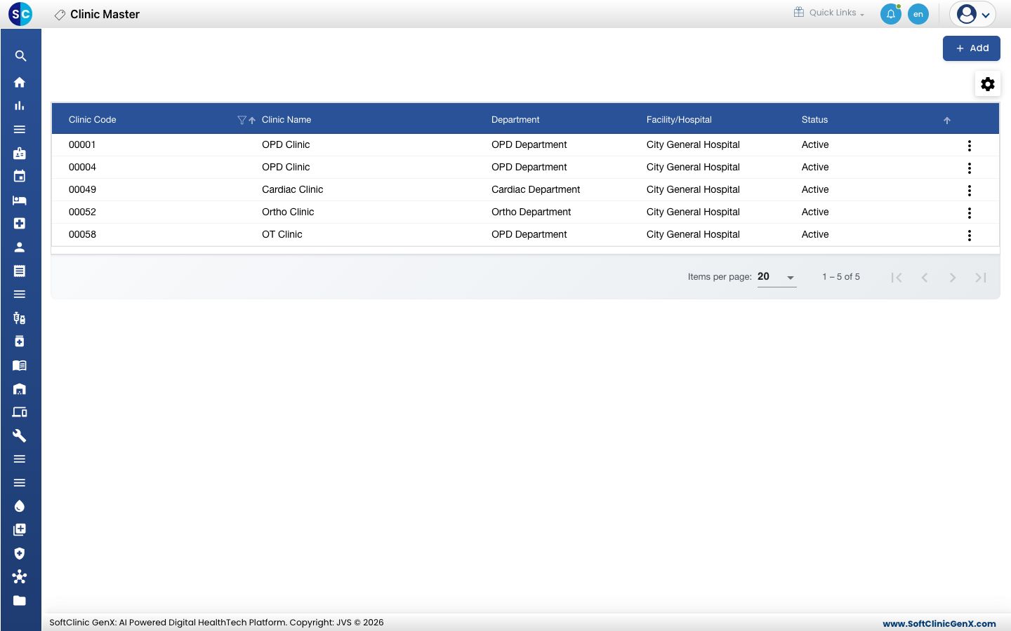 The Clinic list with codes, names, departments, facility and status