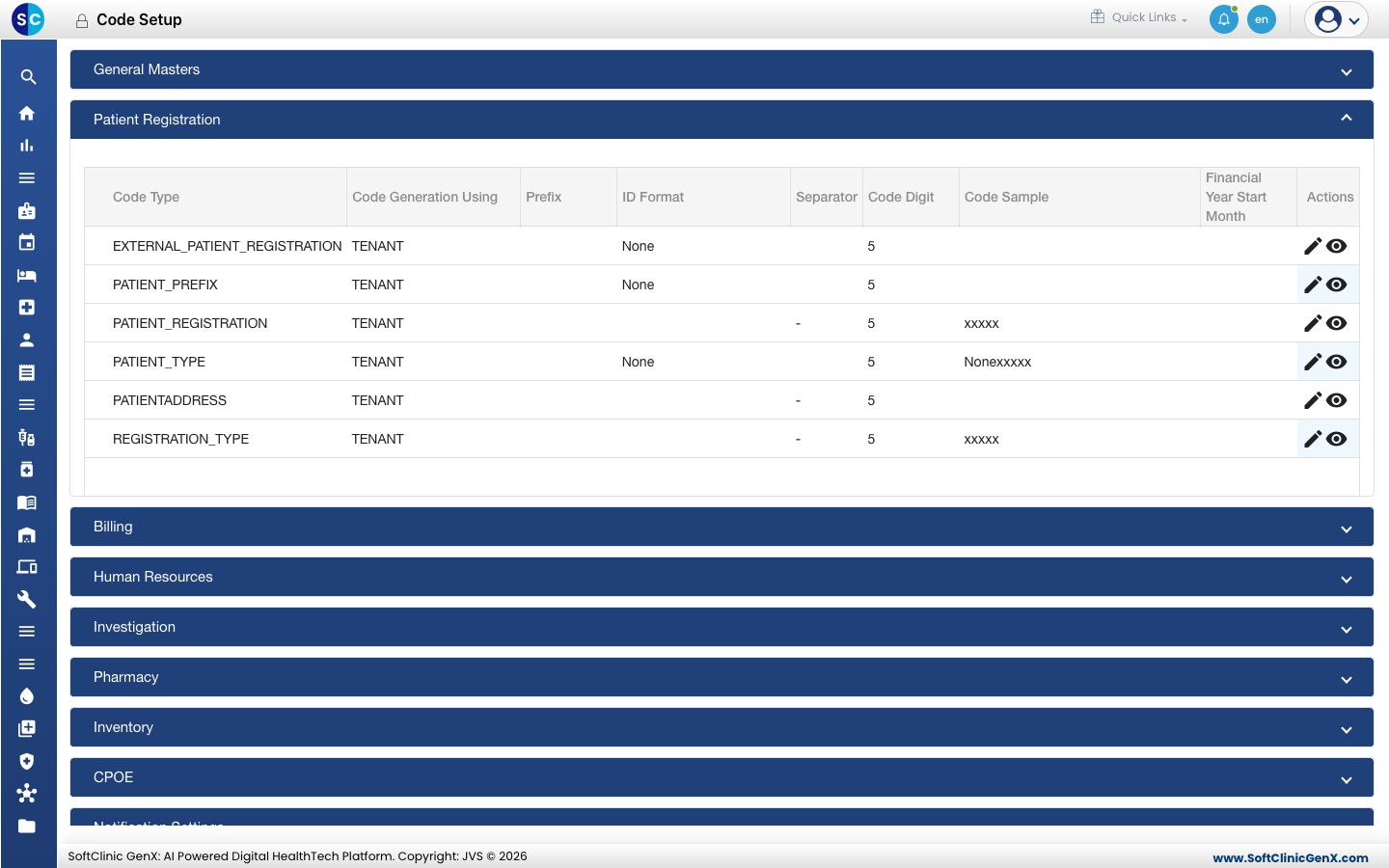Code Setup with the Patient Registration panel open