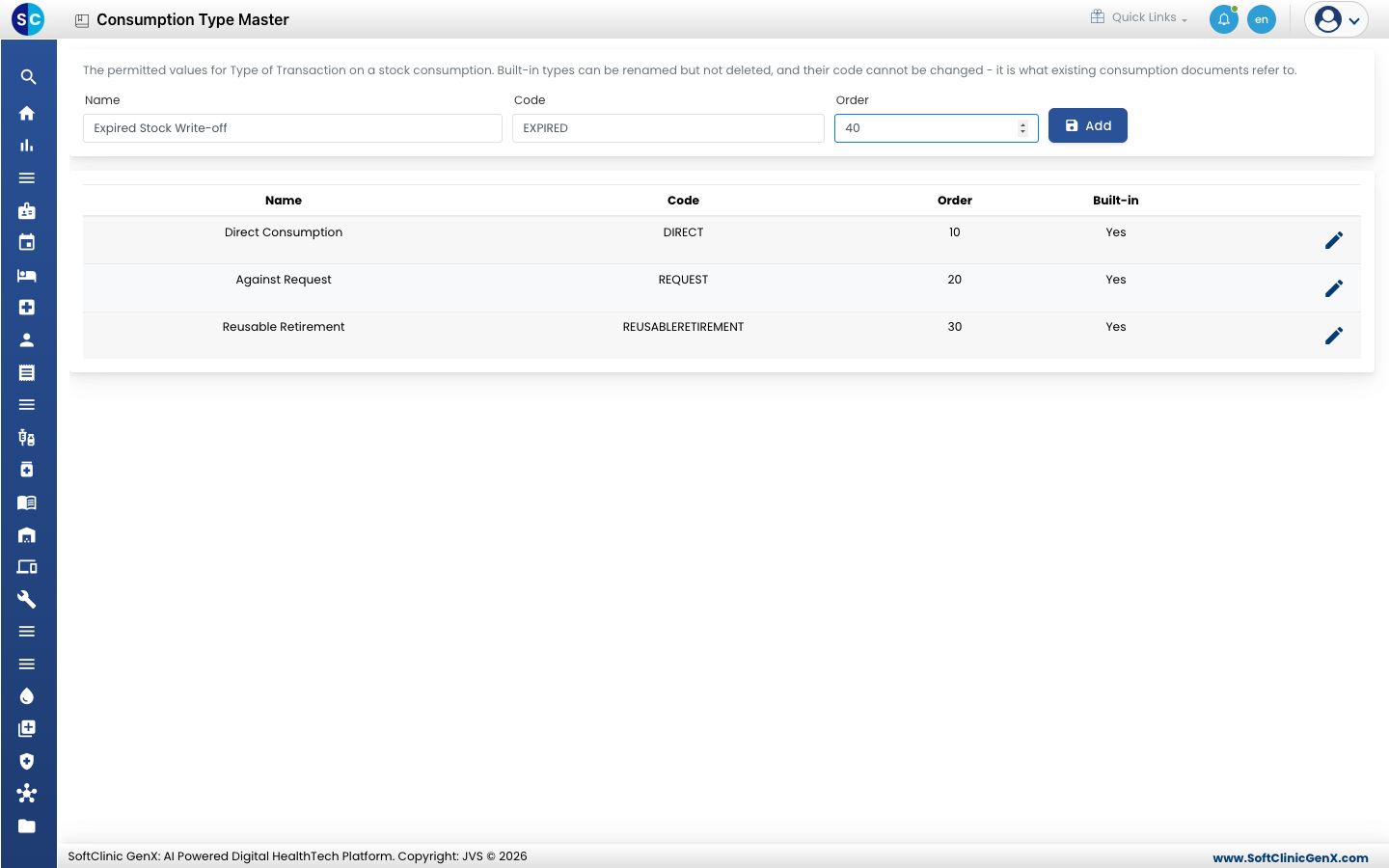 The Consumption Type Master screen with a new type being added
