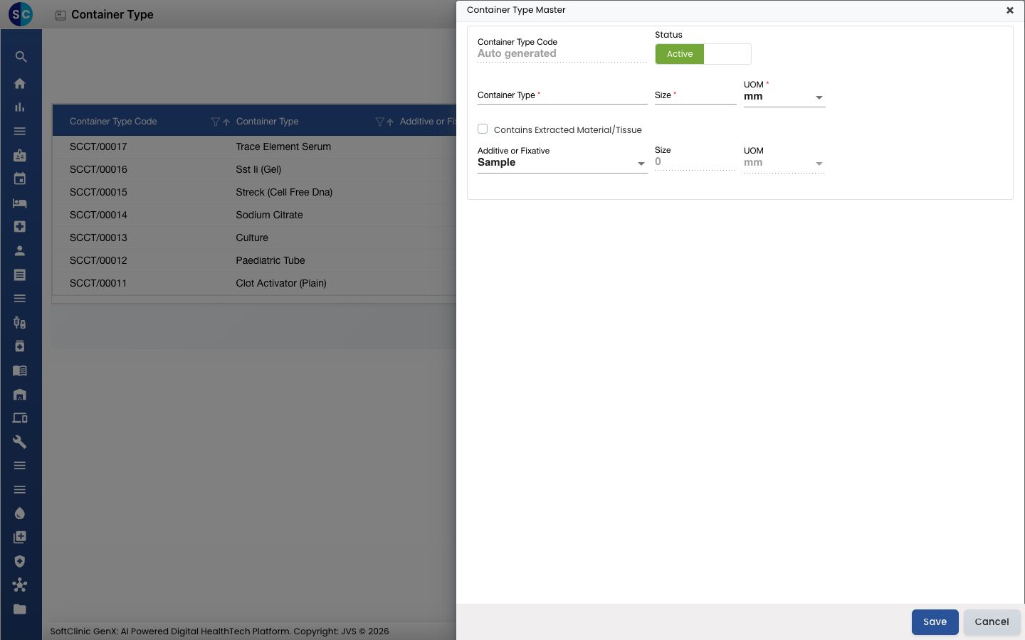 The empty Container Type form