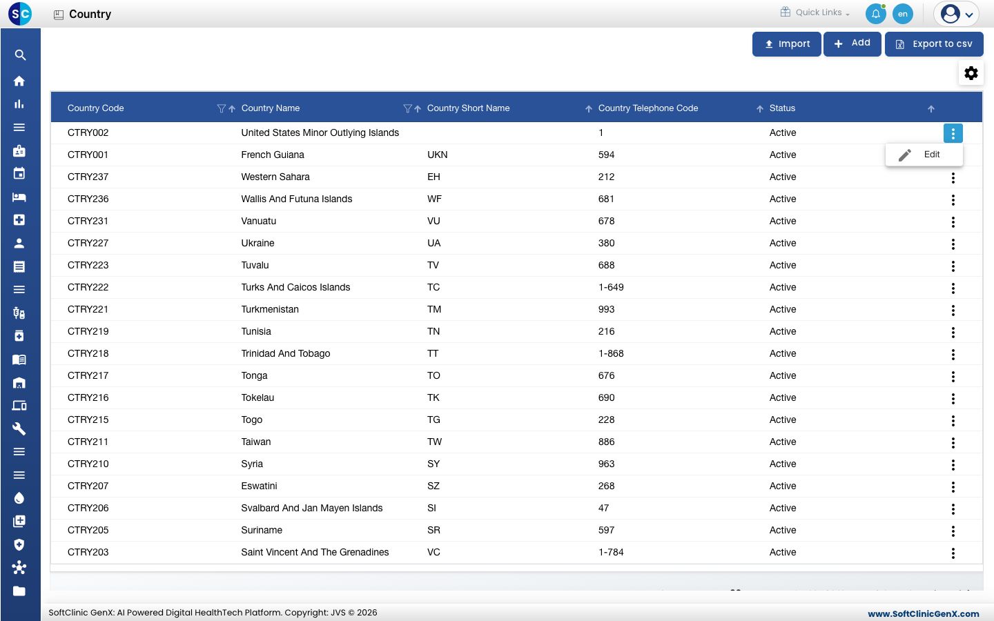 The row menu with the Edit option, and the Import and Export to csv buttons