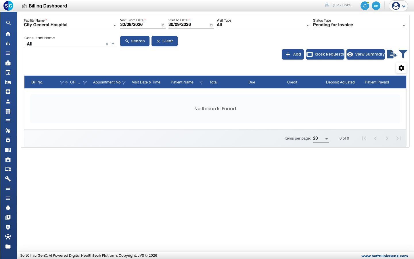 Add બટન સાથે Billing Dashboard