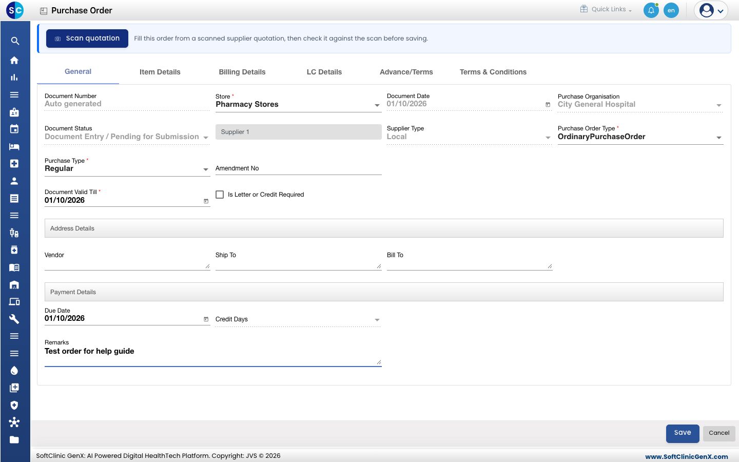 The General tab of a new purchase order with the store and supplier chosen