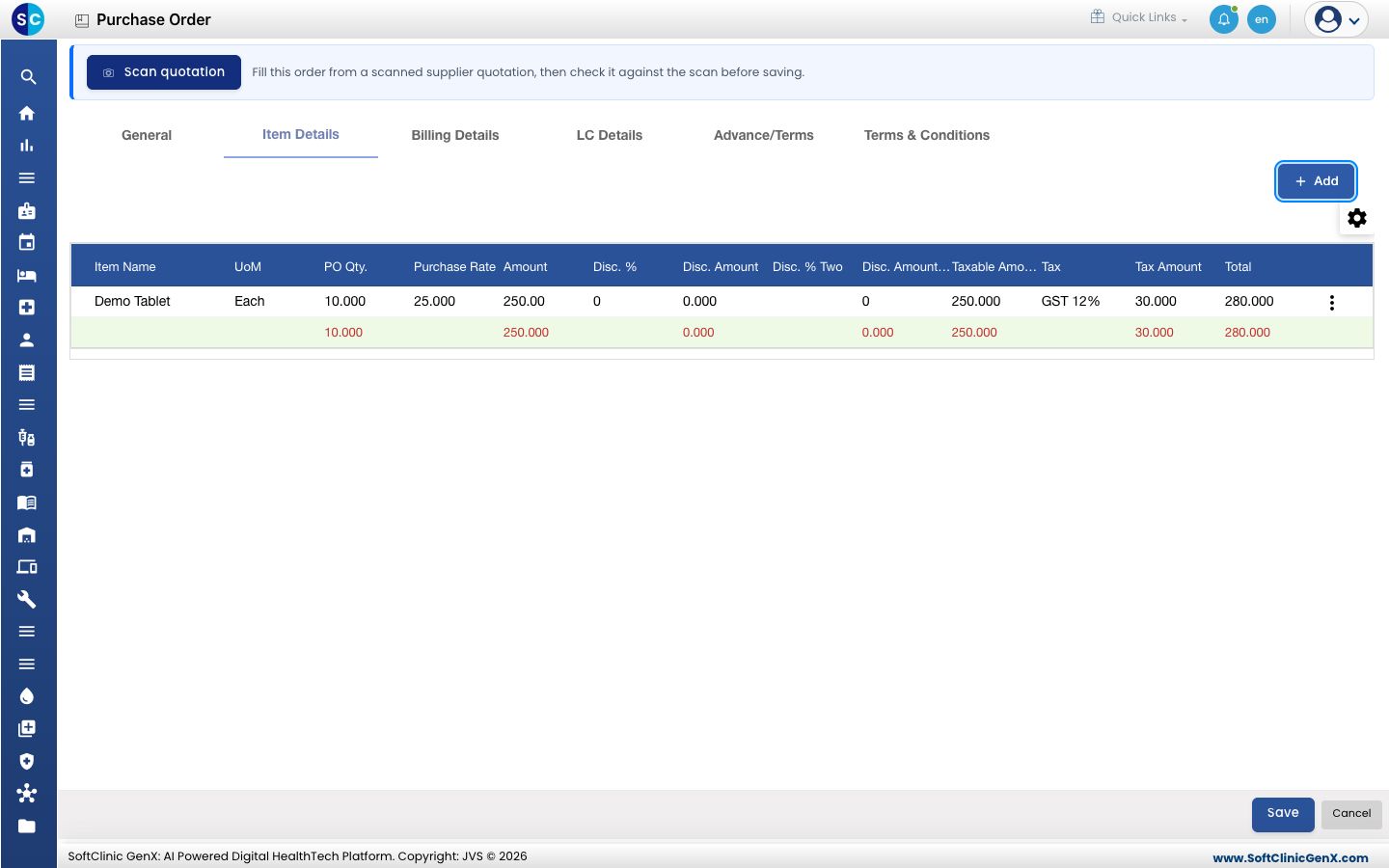 The Item Details tab with one item, its tax and the order total