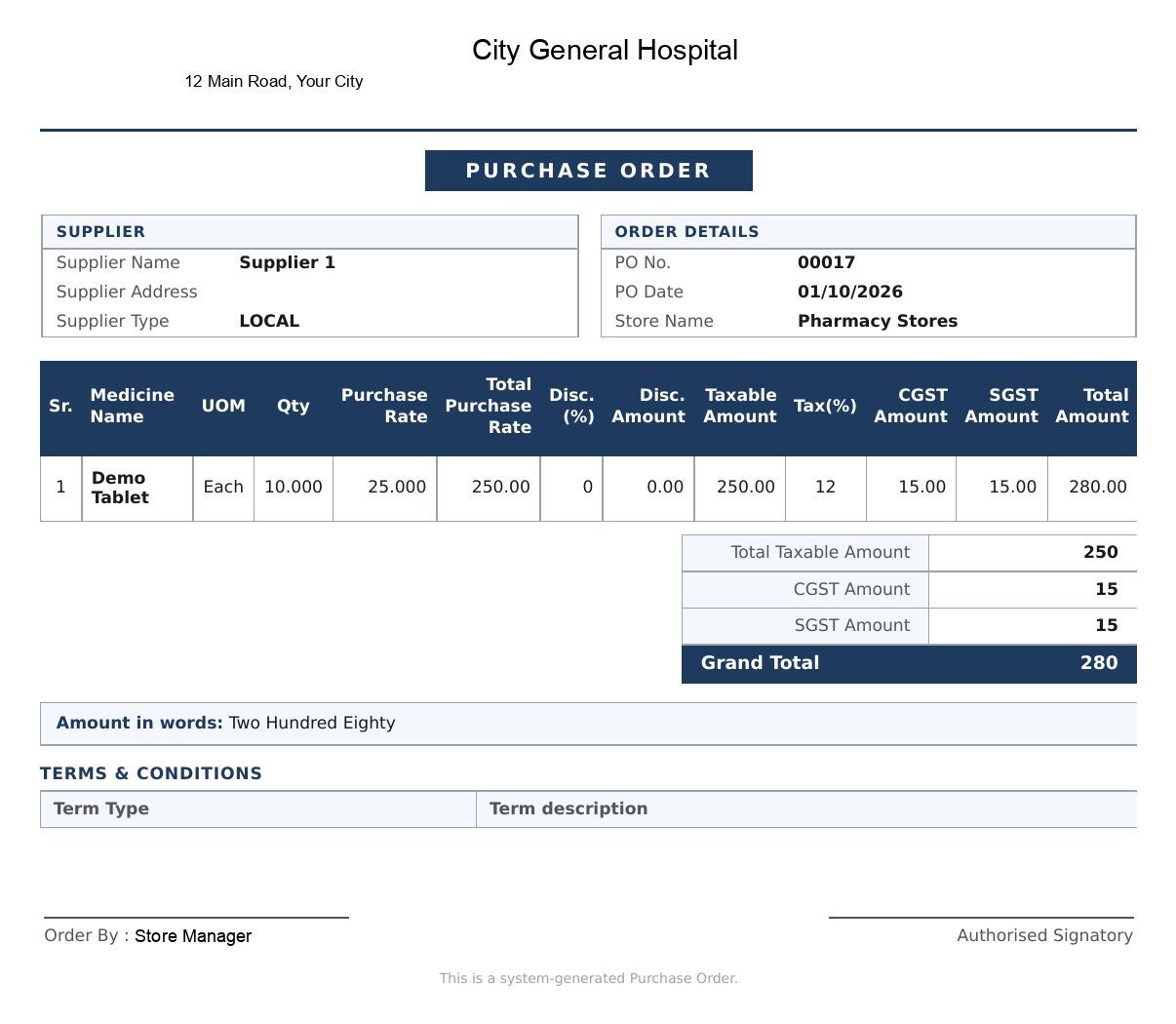 A printed purchase order