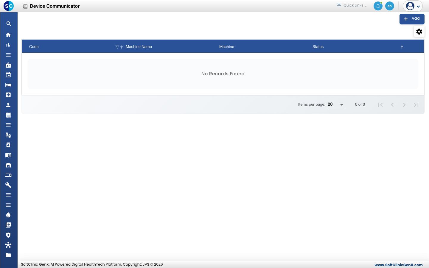 The Device Communicator list, empty on a new setup