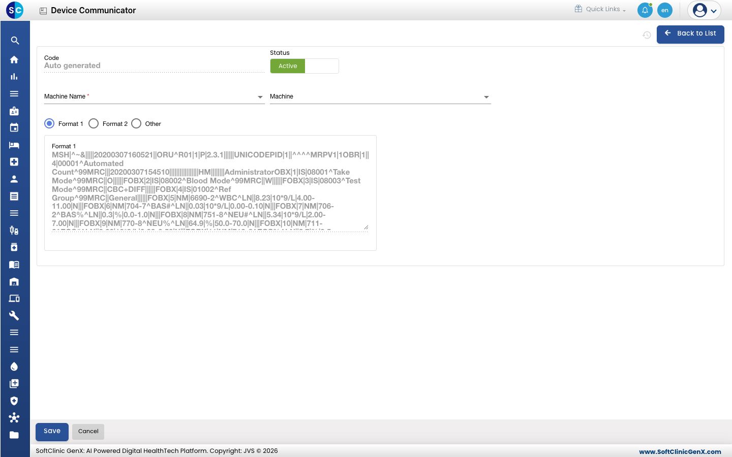 The Device Communicator form with Format 1 selected