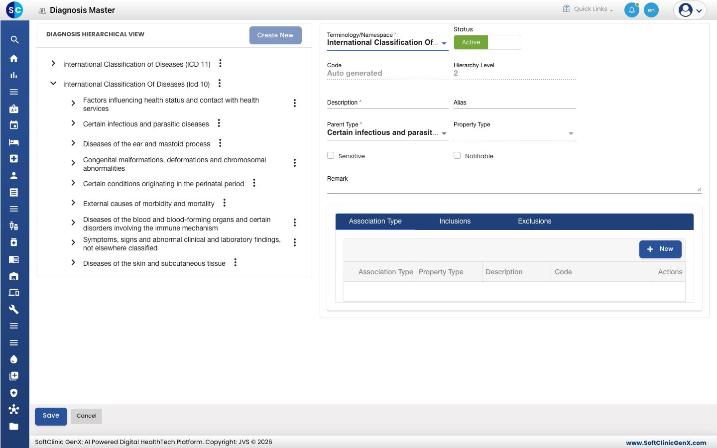 The form for a new diagnosis under a chapter