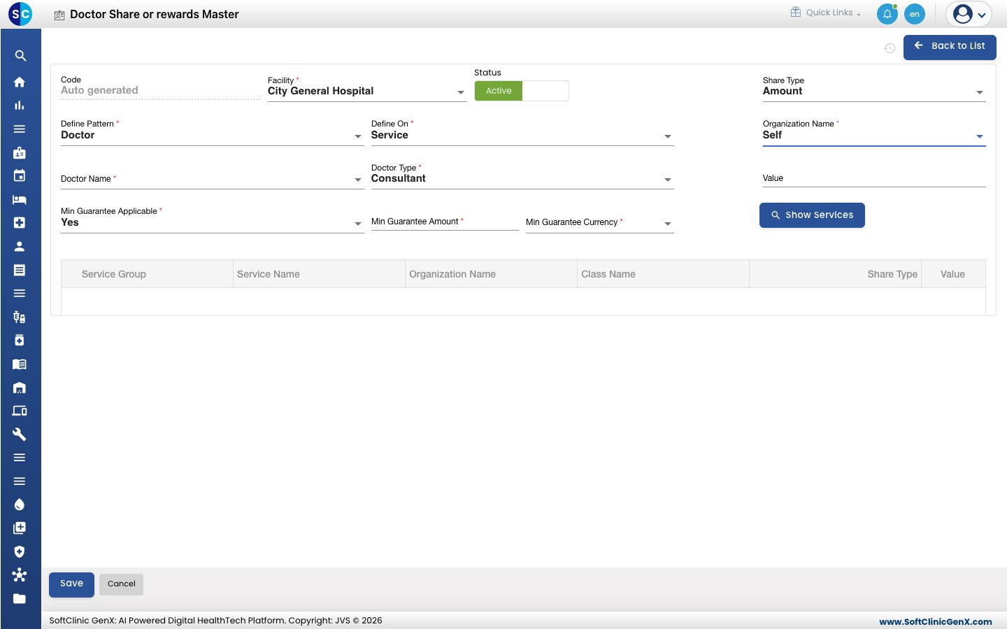 The doctor share form with facility, pattern, doctor type, guarantee and organisation filled in