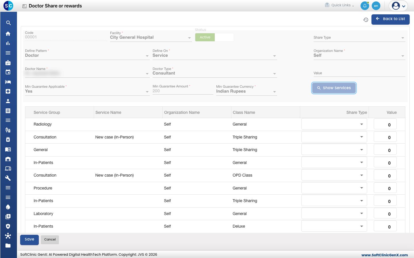 The service list with a Share Type and Value for each service and bed class