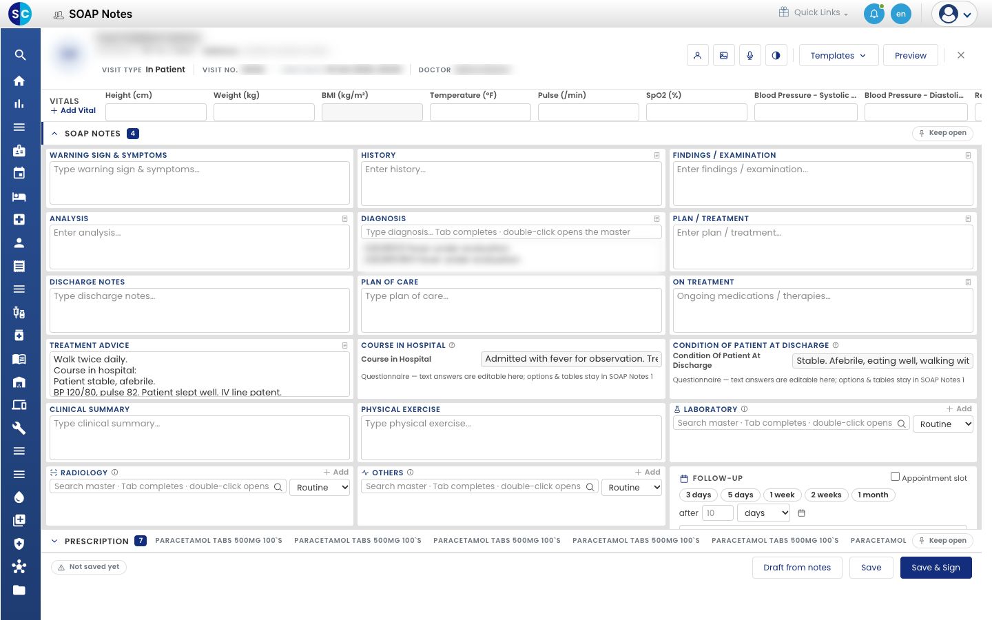 The discharge summary with Draft from notes at the bottom
