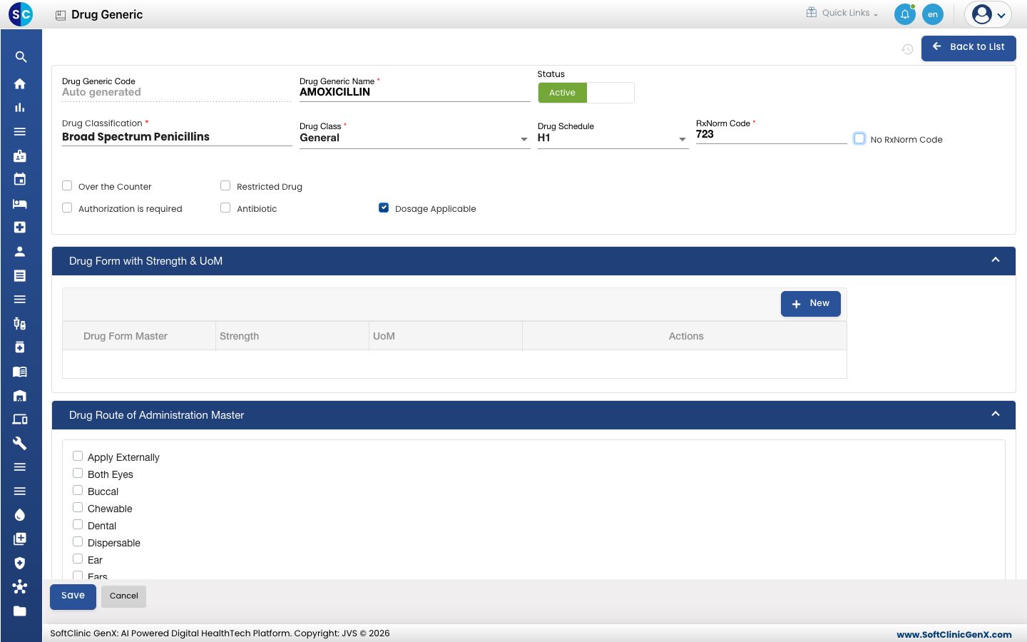 The drug generic form with the main fields filled in