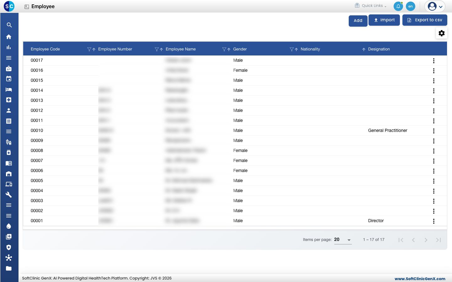 The Employee list; staff names and numbers are blurred in this picture