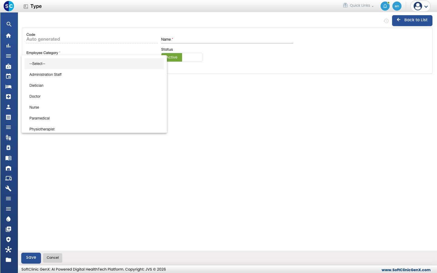 The Employee Category list open on the form