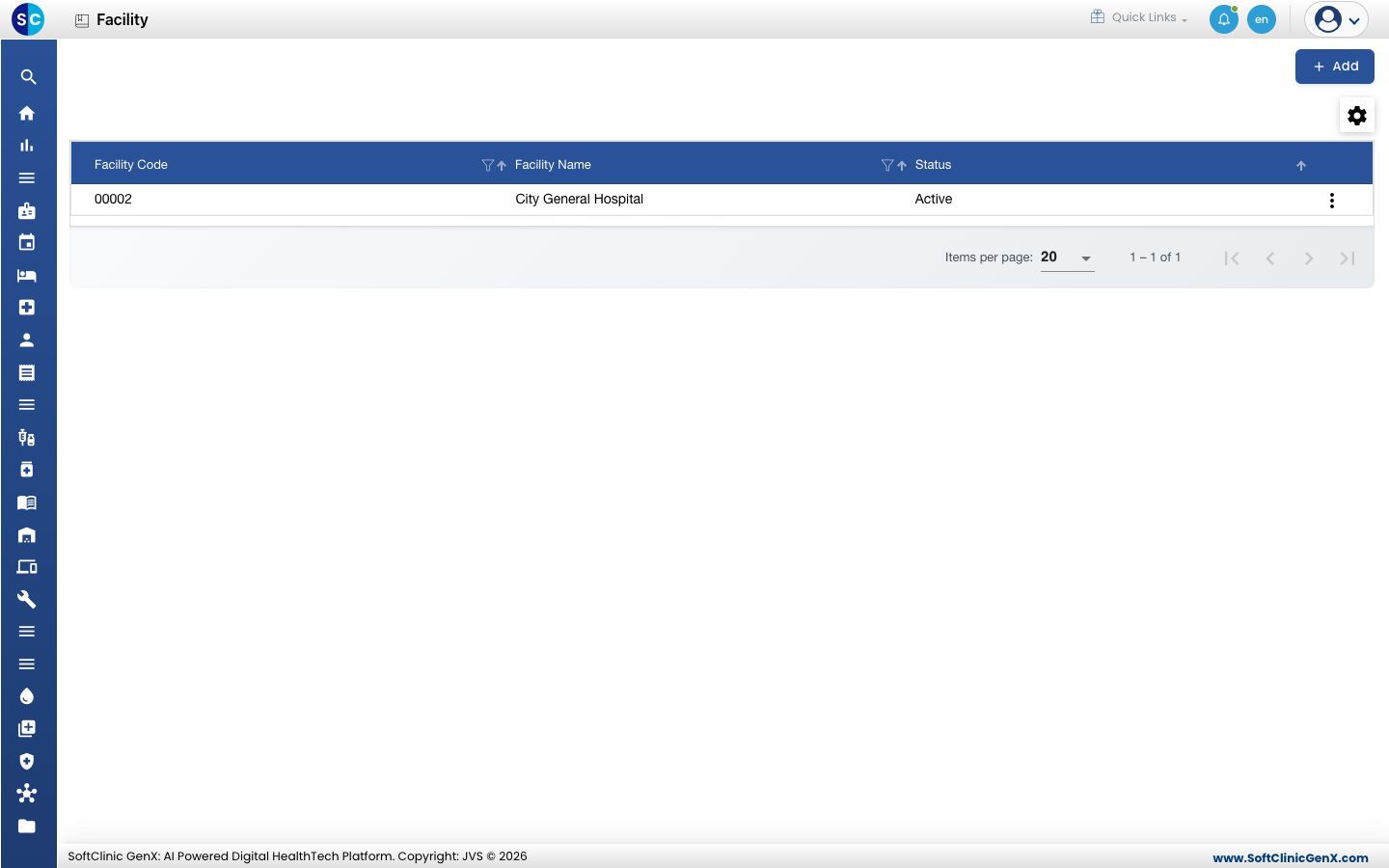 The Facility list with facility codes, names and status