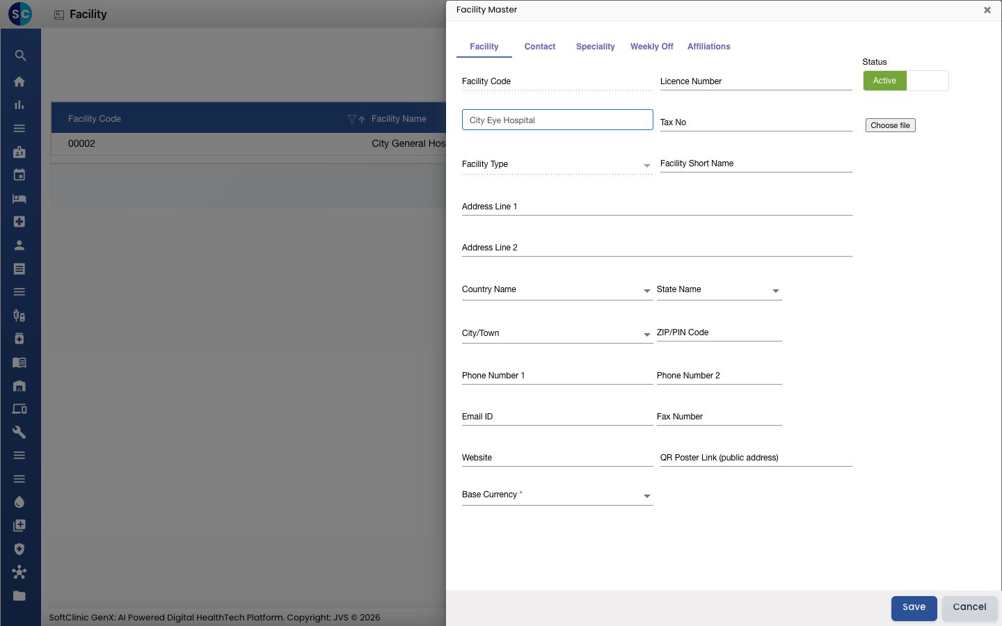 The Facility Master panel with a facility name entered