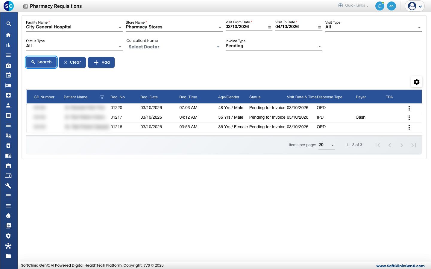 The requisition list after a search