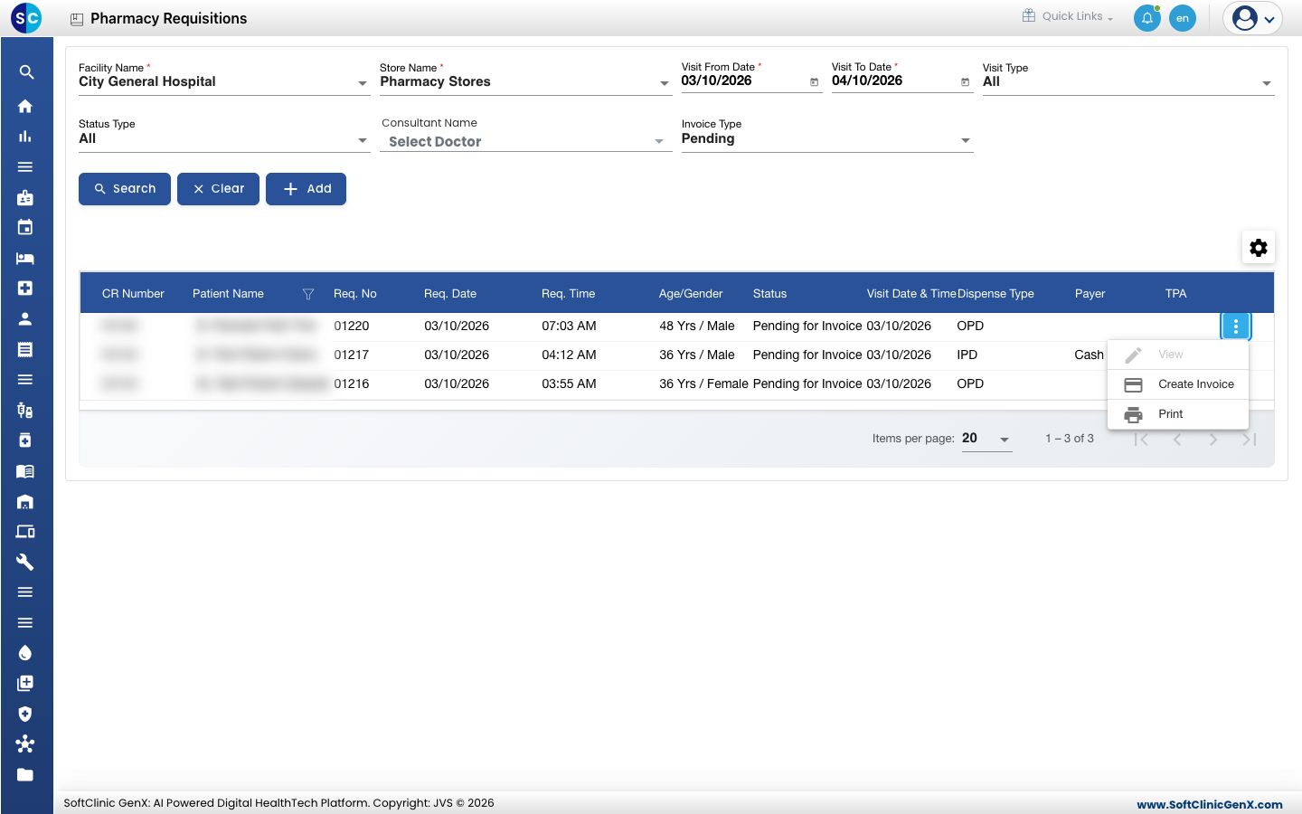 The row menu with View, Create Invoice and Print