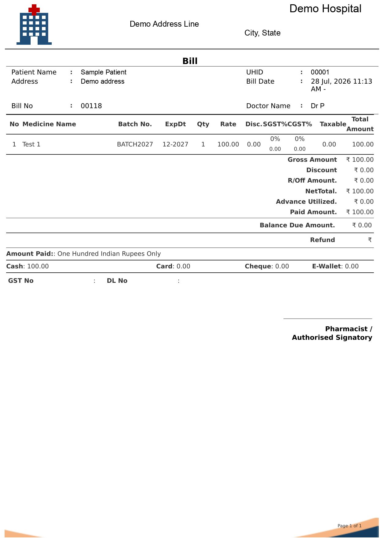 A printed pharmacy bill