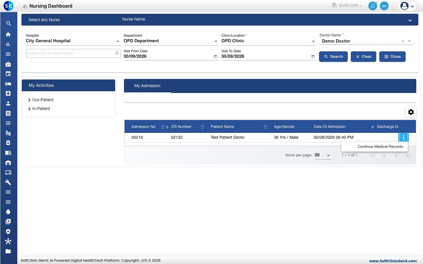 My Admission with the row menu open