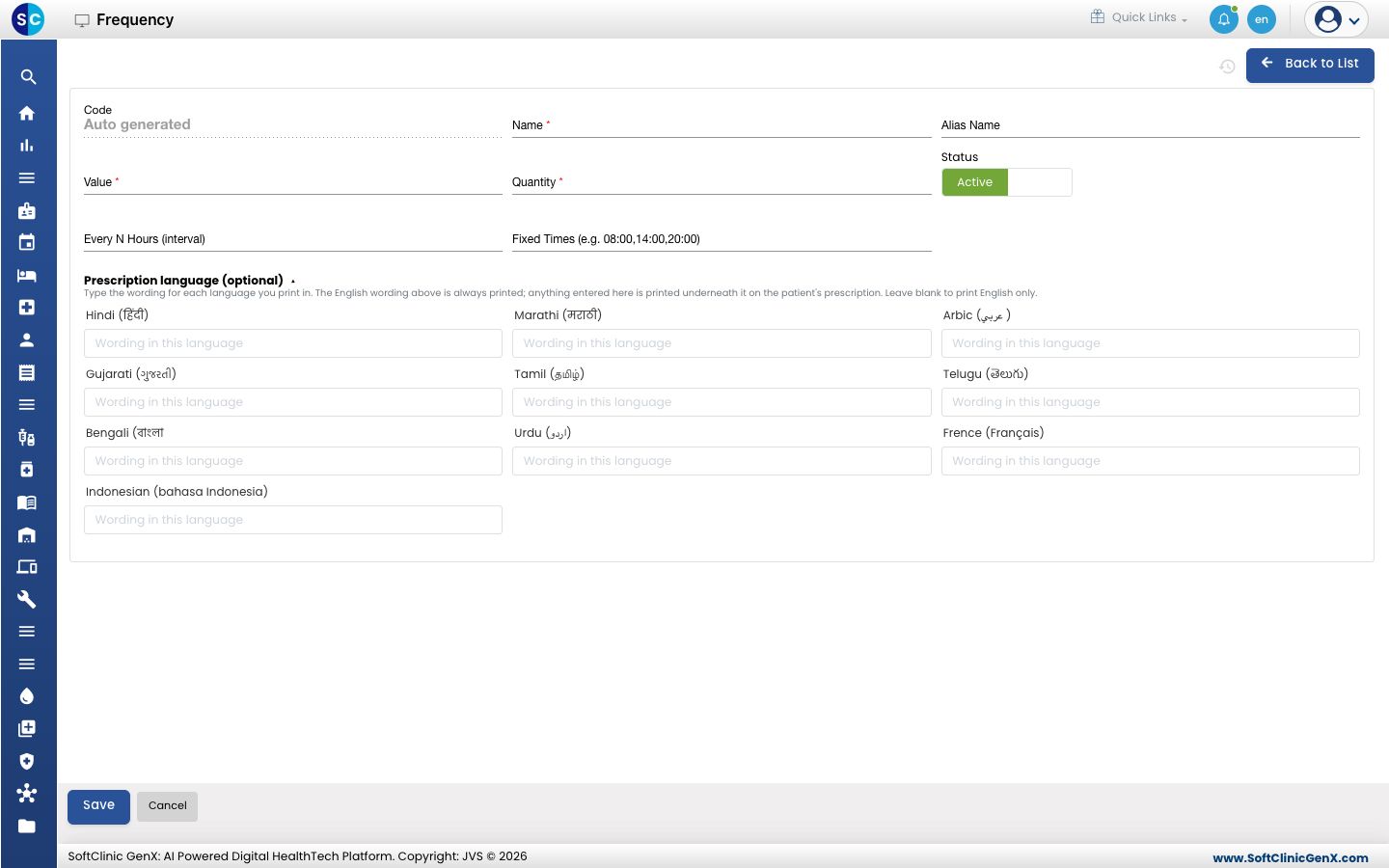 The Prescription language section open with a box for each language