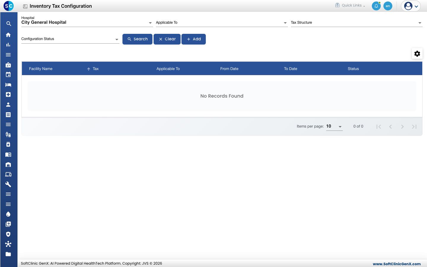 The Inventory Tax Configuration list with its search filters