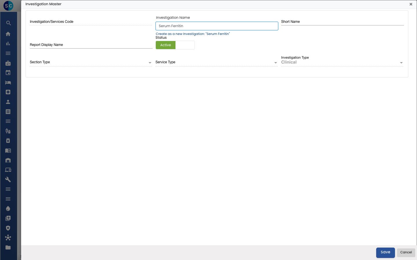 The Investigation Master form with a new test name typed