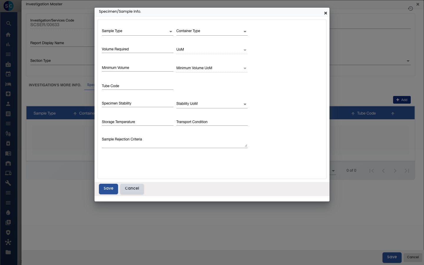The Specimen/Sample Info. form