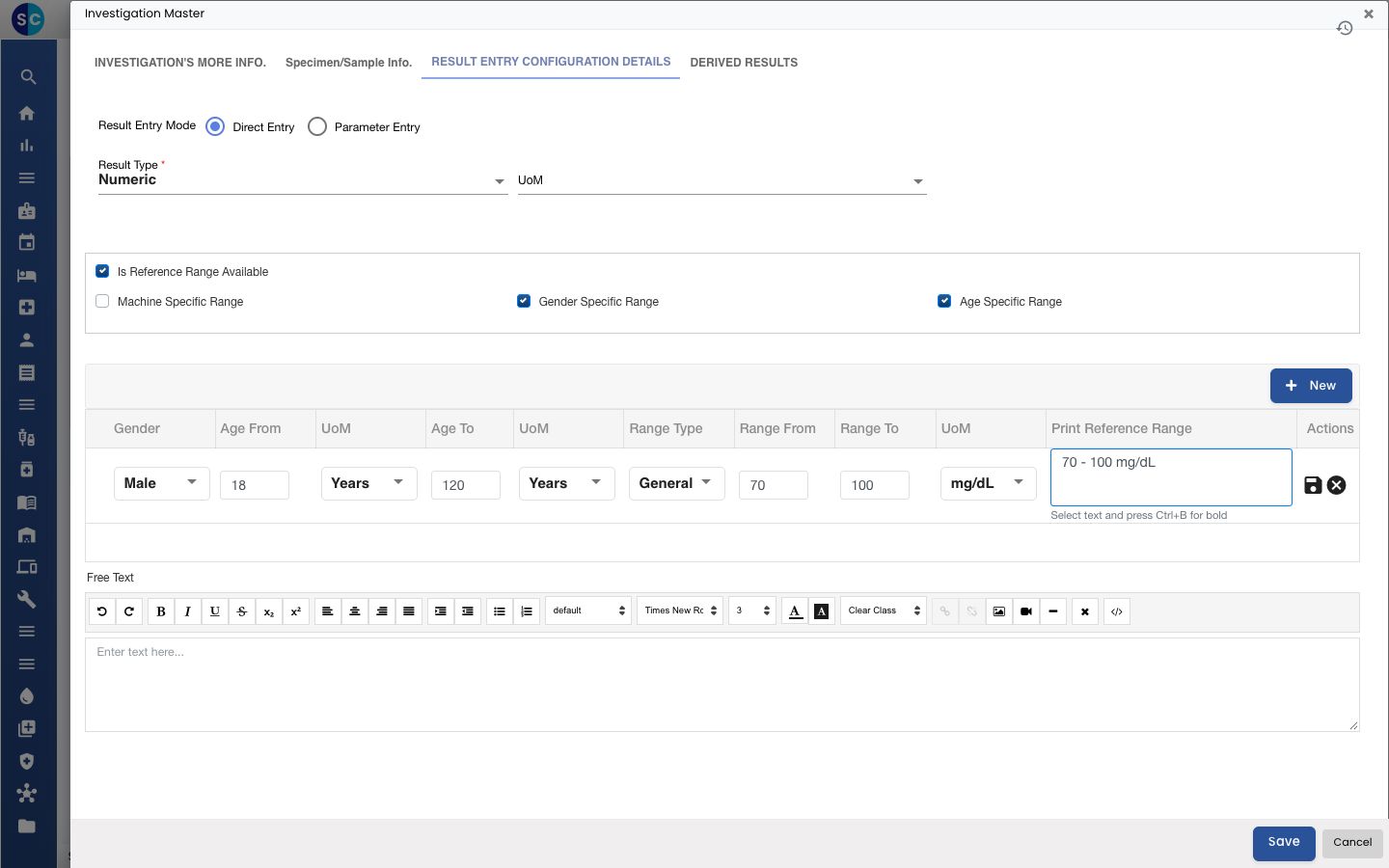 A reference range row being added for a numeric test