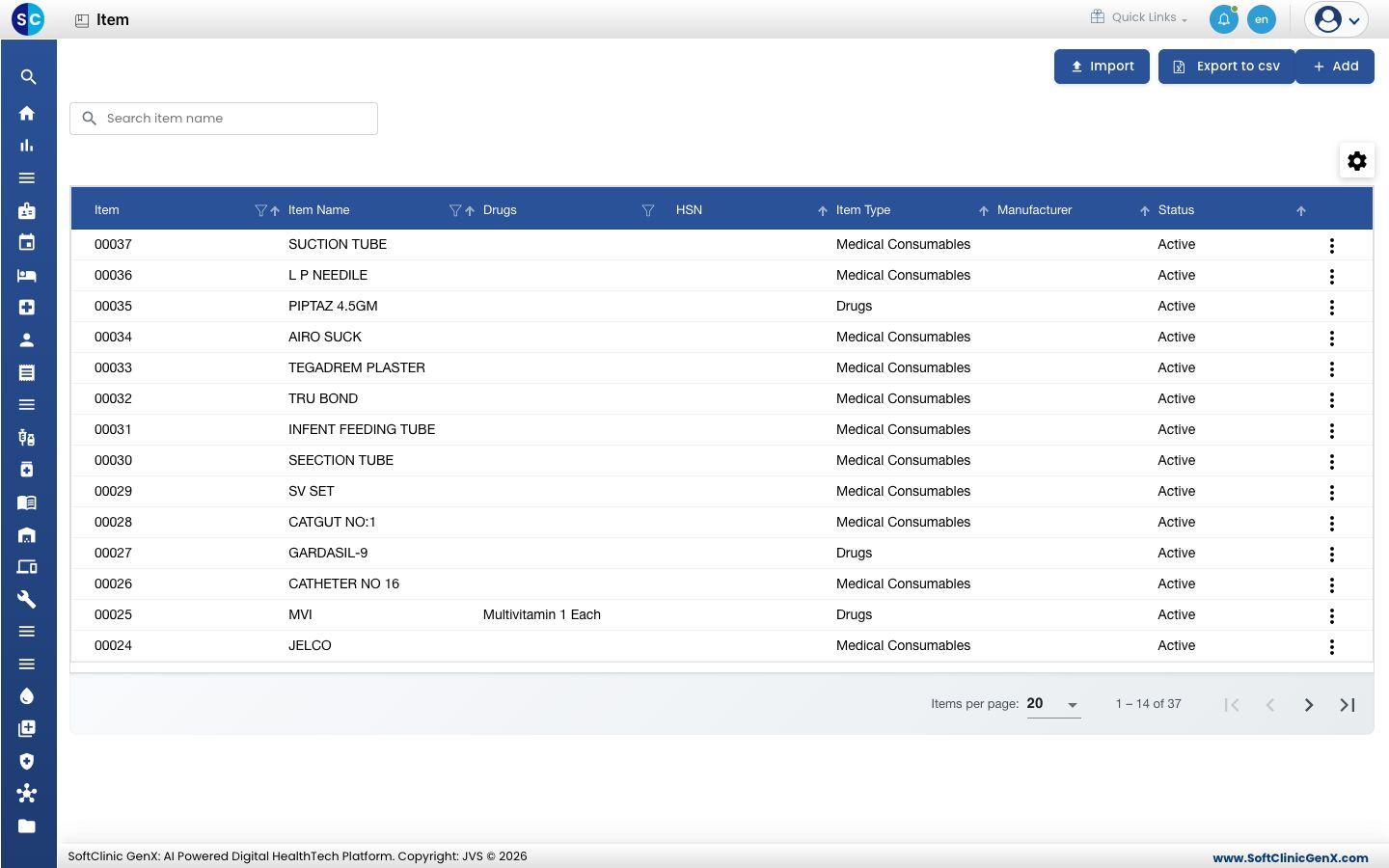 The Item list with code, name, drug, item type, manufacturer and status