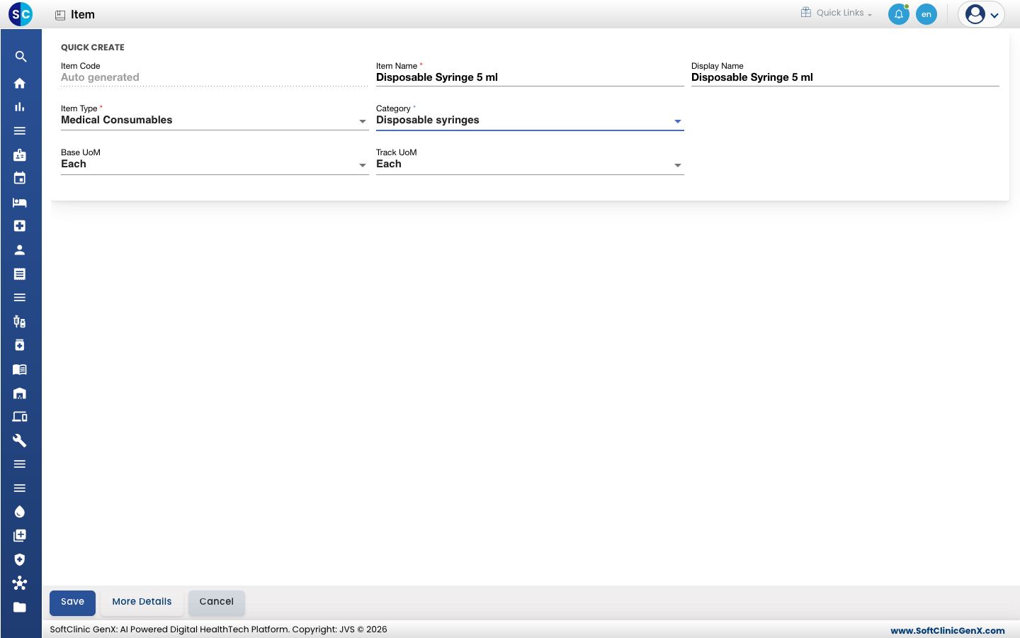 The Quick Create form filled in for a consumable