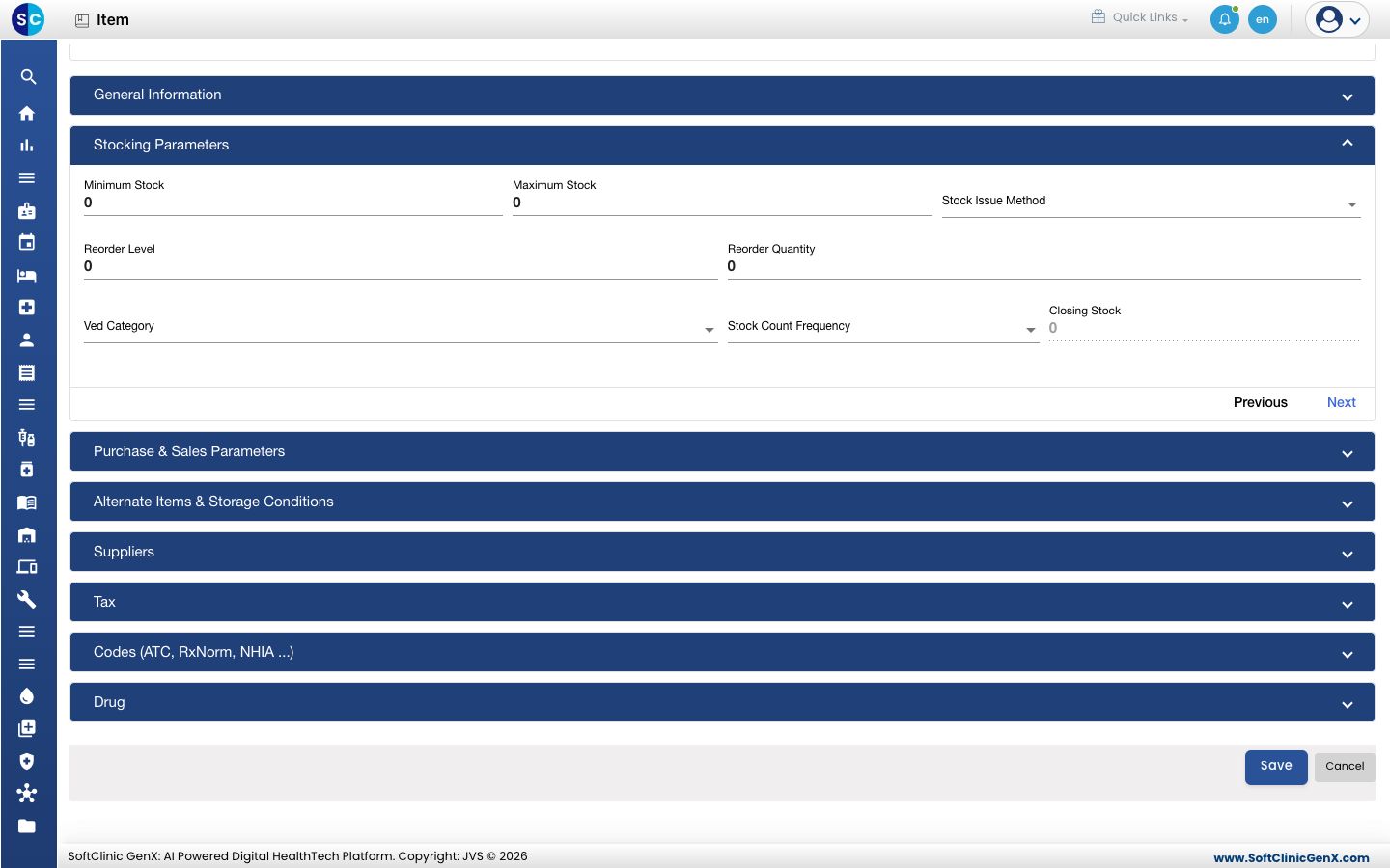 The Stocking Parameters section